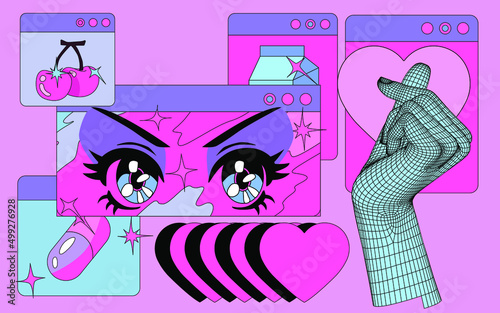 Vaporwave the 90's like style collage with user interface elements and cartoon anime illustrations.