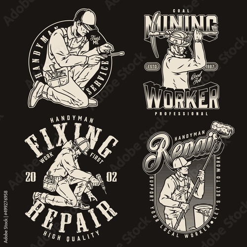 Handymen and workers monochrome labels set