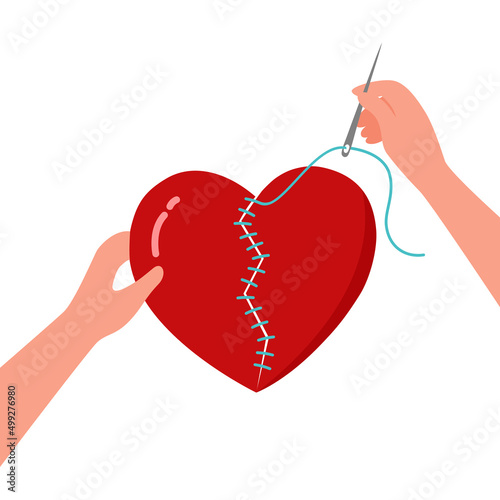 Red heart with sewing needle in flat design on white background. Hand fixing broken heart pieces. Love return.