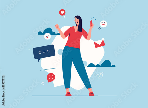 Vector illustration of laughing cheerful young woman with smartphone. Editable stroke
