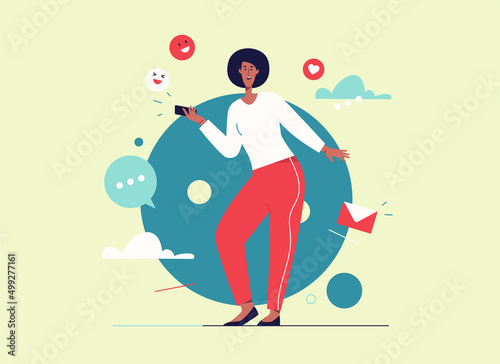 Vector illustration of laughing cheerful young woman with smartphone. Editable stroke