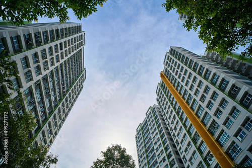 Low angle view of public housing HDB resident buildings/ flats complex in Singapore