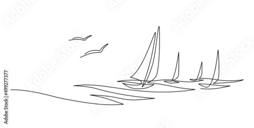 Yachts on sea waves. Seagull in the sky. Draw one continuous line. Vector illustration. Isolated on white background