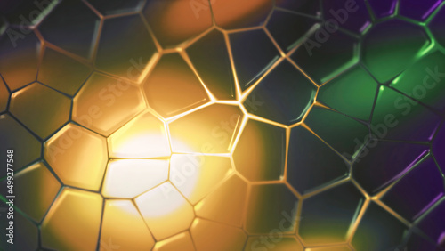 Abstract digital futuristic surface with transforming hexagons. Motion. Yellow glowing circle surrounded by green and purple flares with spinning hexagons. © Media Whale Stock