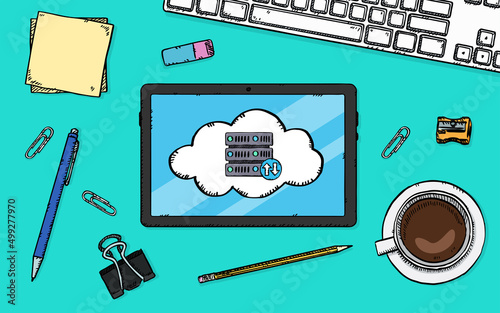 Hand drawn illustration of a laptop lying on a desk with a cloud server on its screen. Sketch style vector graphic
