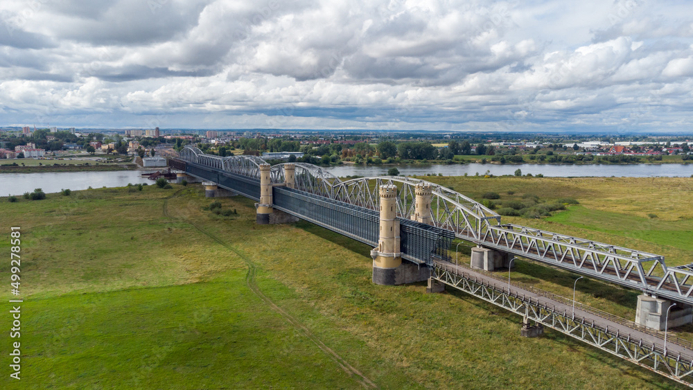 Drone aerial view on historical part of Tczew bridge in Poland.