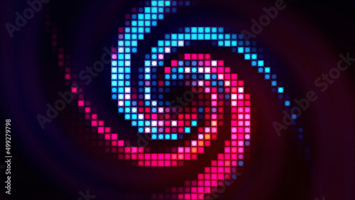 Swirling colorful pixelated retro background, seamless loop. Motion. Squared screen with spreading like tornado into all the sides.