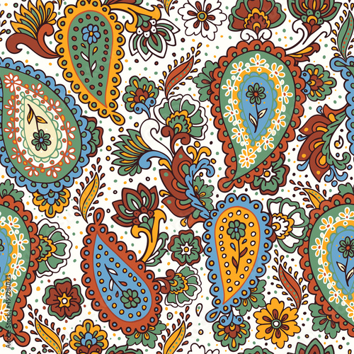 Colorful paisley print. Abstract psychedelic Buta seamless pattern . Traditional Indian boteh ornamental textile design. Hand drawn vector background.