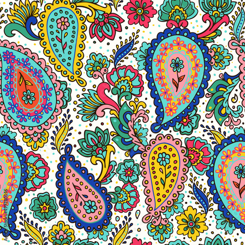 Colorful paisley print. Abstract psychedelic Buta seamless pattern . Traditional Indian boteh ornamental textile design. Hand drawn vector background.