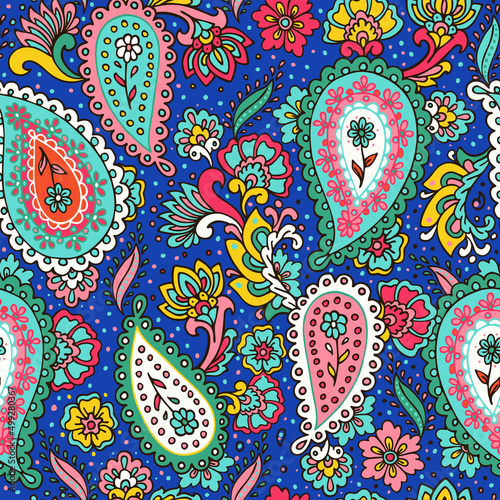 Colorful paisley print. Abstract psychedelic Buta seamless pattern . Traditional Indian boteh ornamental textile design. Hand drawn vector background.