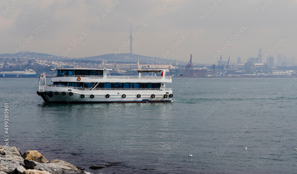 ship on the water at the Bosphorus in Istanbul Turkey.