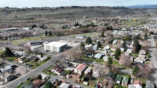 Cinematic 4K aerial drone view of the town of Naches, in Naches Valley near Yakima, Washington photo