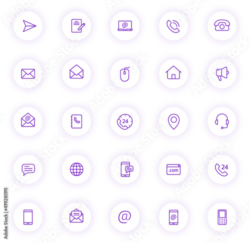 contact us purple color outline icons on light round buttons with purple shadow. contact us icon set for web, mobile apps, ui design and print