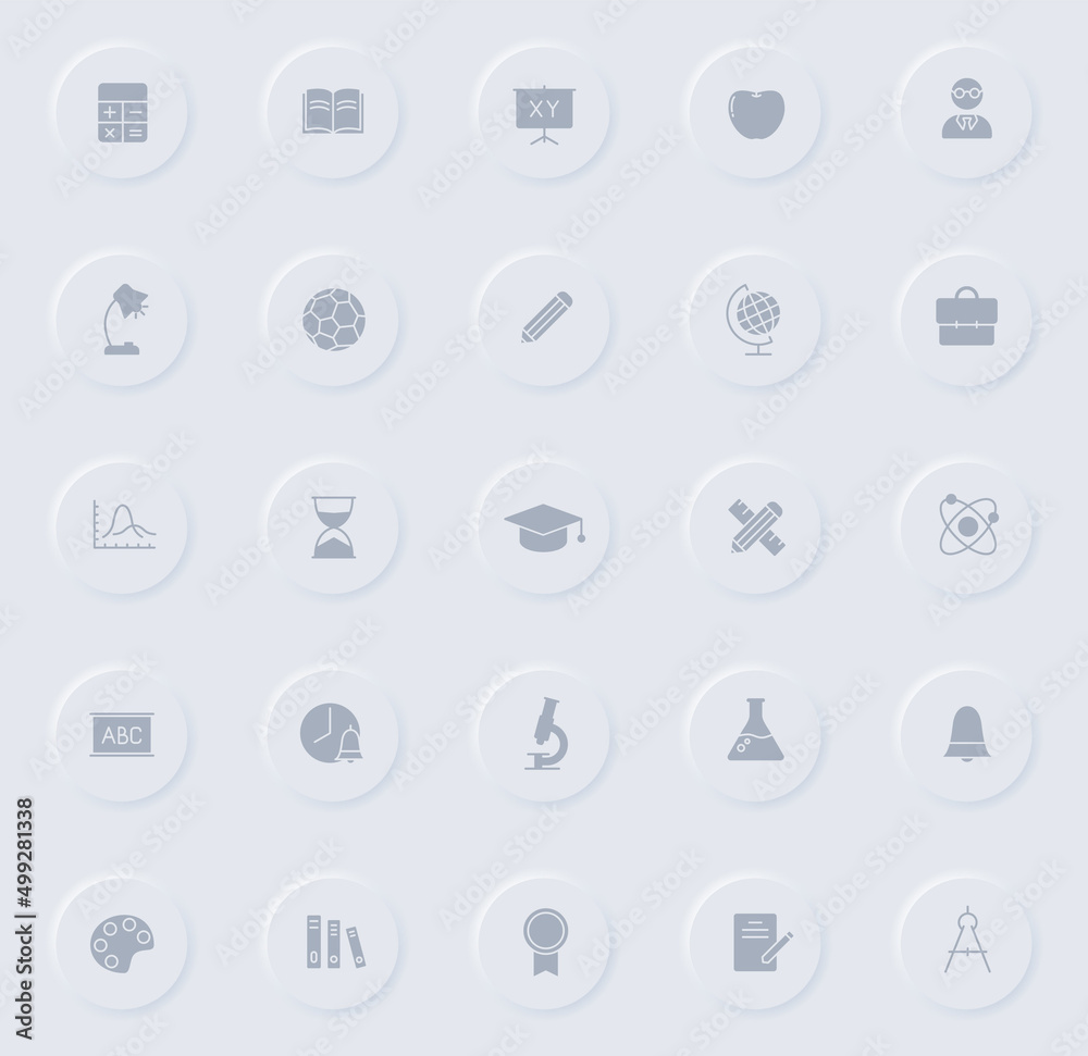 education gray vector icons on round rubber buttons. education icon set for web, mobile apps, ui design and promo business polygraphy