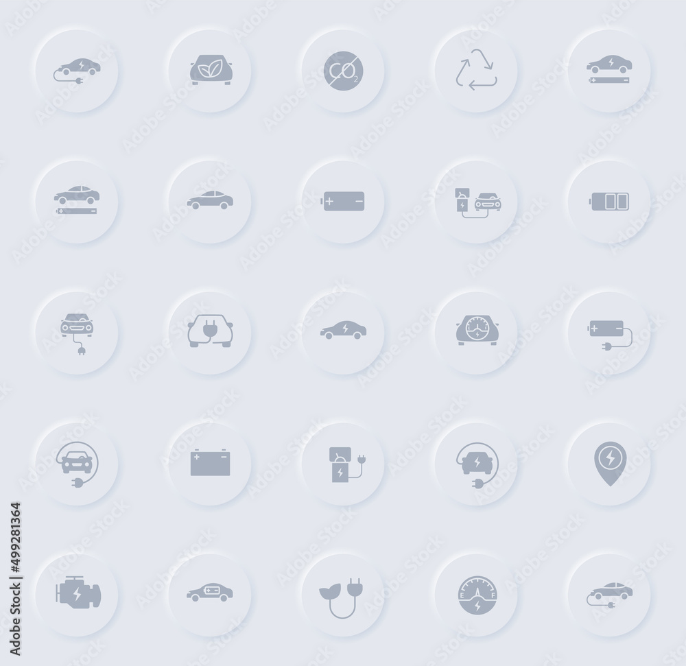 electro car gray vector icons on round rubber buttons. electro car icon set for web, mobile apps, ui design and promo business polygraphy