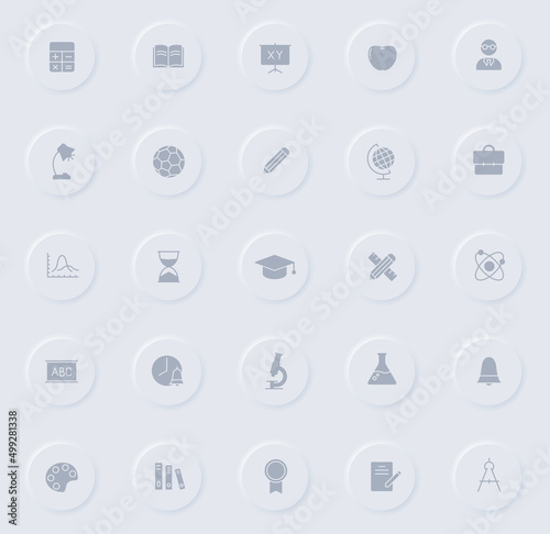 education gray vector icons on round rubber buttons. education icon set for web, mobile apps, ui design and promo business polygraphy