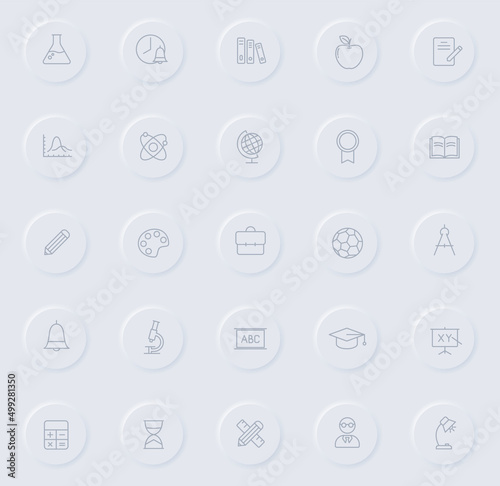 education line gray icons on round rubber buttons. education icon set for web, mobile apps, ui design and promo business polygraphy