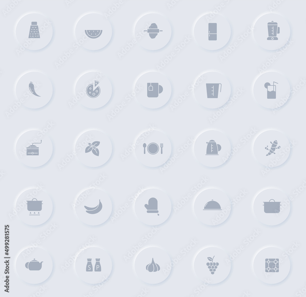 kitchen gray vector icons on round rubber buttons. kitchen icon set for web, mobile apps, ui design and promo business polygraphy