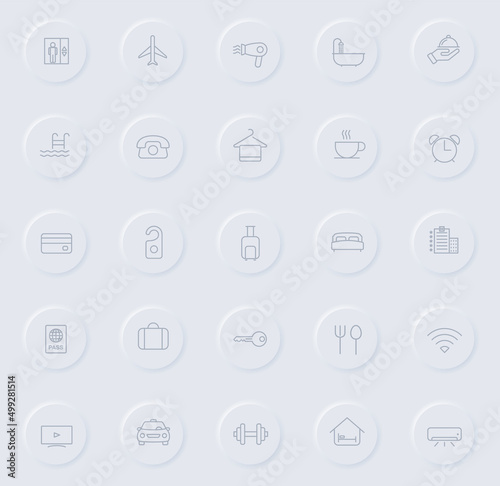 hotel line gray icons on round rubber buttons. hotel icon set for web, mobile apps, ui design and promo business polygraphy