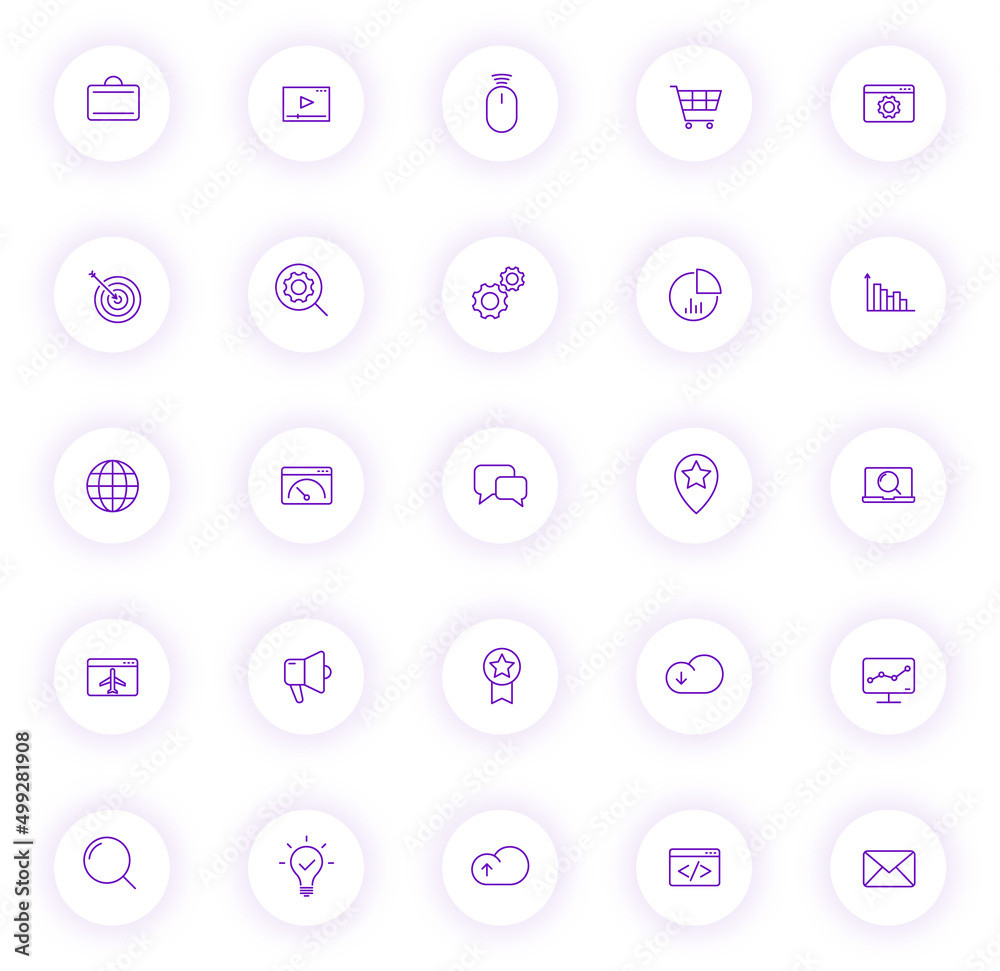 seo purple color outline icons on light round buttons with purple shadow. seo icon set for web, mobile apps, ui design and print
