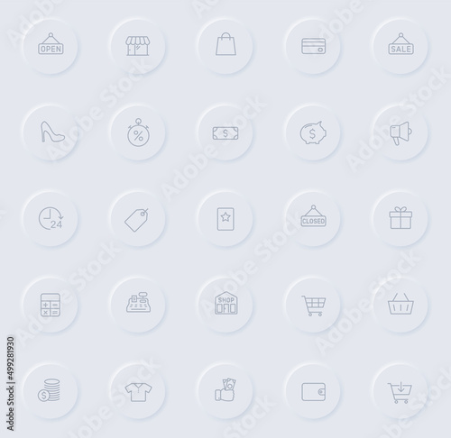 shopping line gray icons on round rubber buttons. shopping icon set for web, mobile apps, ui design and promo business polygraphy