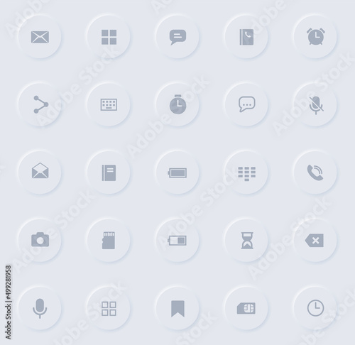 mobile ui gray vector icons on round rubber buttons. mobile ui icon set for web, mobile apps, ui design and promo business polygraphy