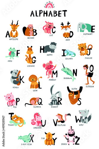 Cute Animals alphabet for kid's education. Isolated capital letters with related Scandinavian style birds, and mammals. Childish font for kids ABC book symbols pack. Vector illustration.