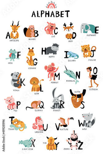 Cute Animals alphabet for kid's education. Isolated capital letters with related Scandinavian style birds, and mammals. Childish font for kids ABC book symbols pack