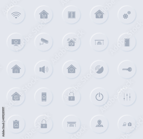 smart home gray vector icons on round rubber buttons. smart home icon set for web, mobile apps, ui design and promo business polygraphy