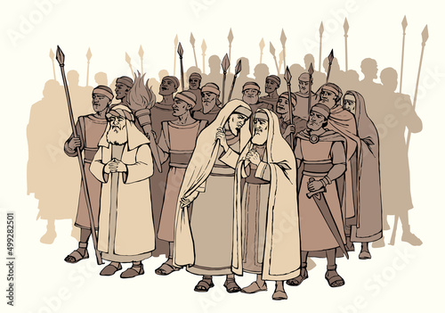 Old Pharisee Priest with army. Vector drawing