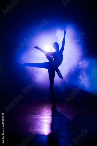 Silhouette of ballerina in studio with violet neon colorful light. Young woman dancing in classic tutu dress. Gracefulness and tenderness in every movement.