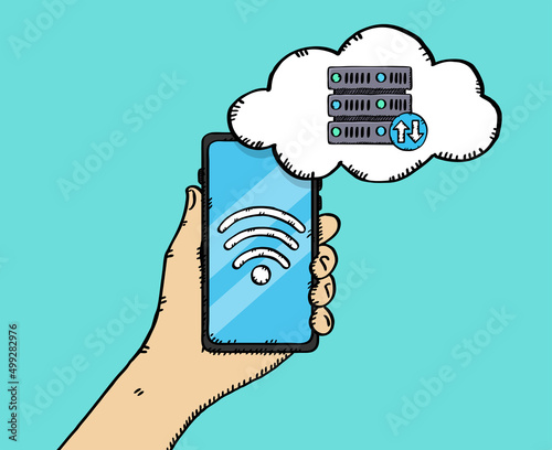 Vector illustration of a hand holding a phone with a connection to a cloud server. Sketch style illustration.