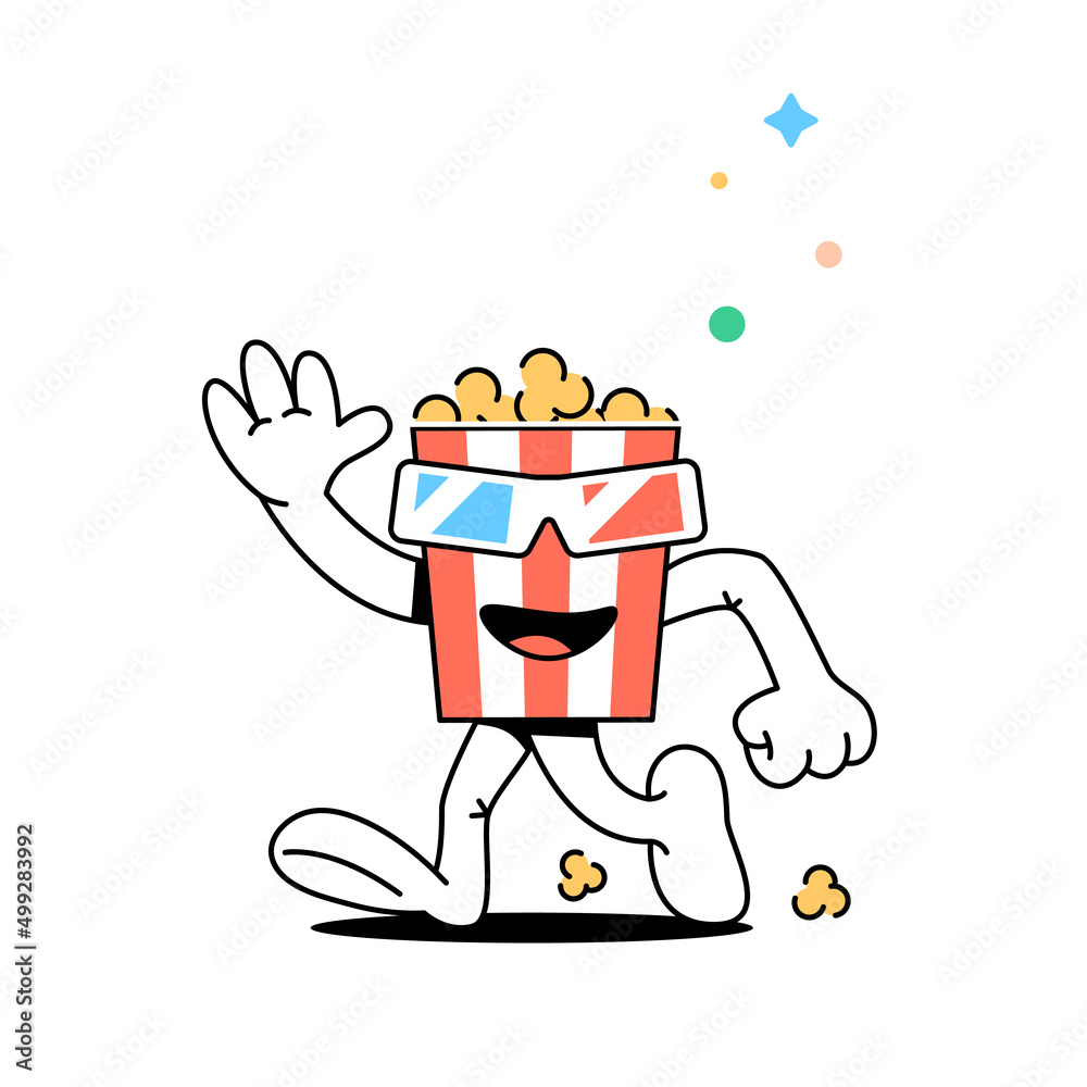 Cartoon popcorn in 3D glasses is walking and waving cheerfully in greeting. Character striped bucket of popcorn. Stock vector illustration of food, snacks in cinema. Isolated white background. Cartoon popcorn in 3D glasses is walking and waving cheerfully in greeting. Character striped bucket of popcorn. Stock vector illustration of food, snacks in cinema. Isolated white background.