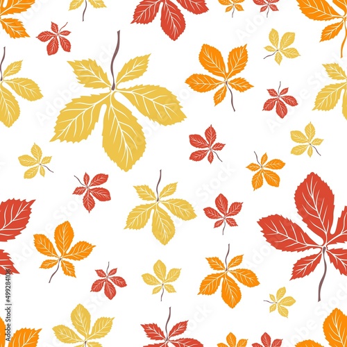 Seamless pattern with chestnut leaves on white background. Autumn leaves. Suitable for textile, fabric, wallpaper, wrapping. Trendy vector illustration