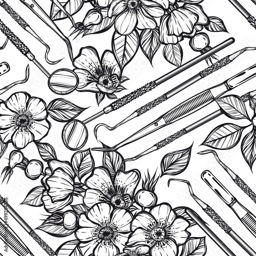 Vector illustration. Dental instruments, bouquet of rose hips, print on t-shirt, line art style, light  background, seamless pattern, Handmade