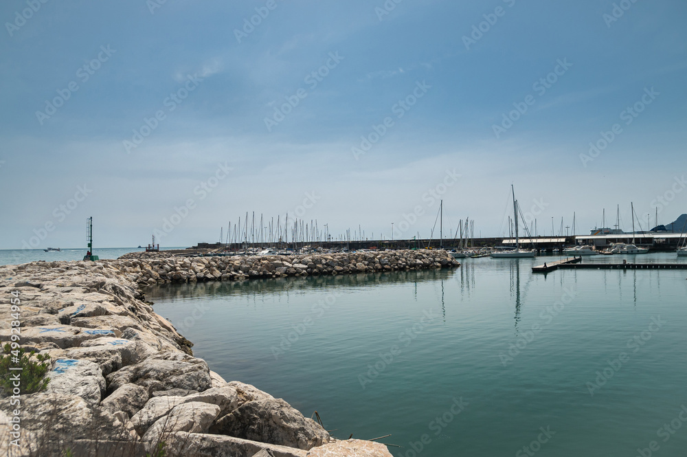Marina in the south of Salerno, Italy. Calm spring sunny day. Specially equipped harbor for yachts