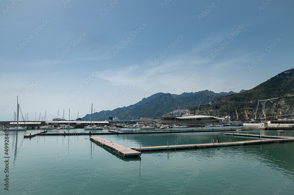 Marina in the south of Salerno, Italy. Calm spring sunny day. Specially equipped harbor for yachts