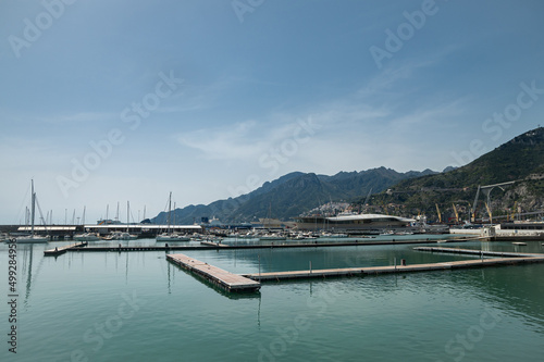 Marina in the south of Salerno  Italy. Calm spring sunny day. Specially equipped harbor for yachts