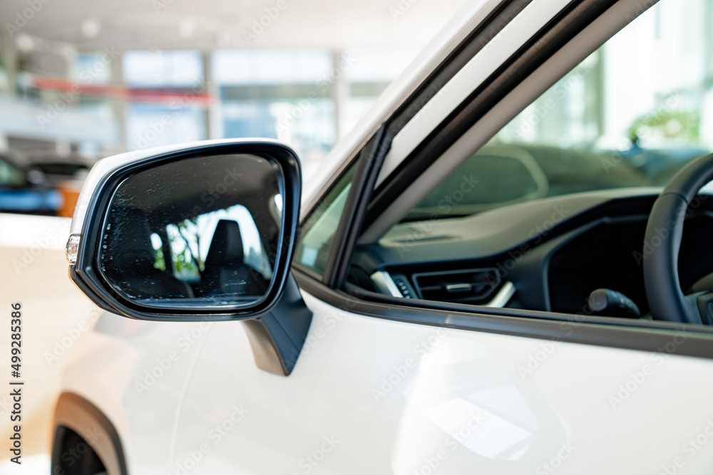 the side mirror on the white car. official dealerships and auto shops.
