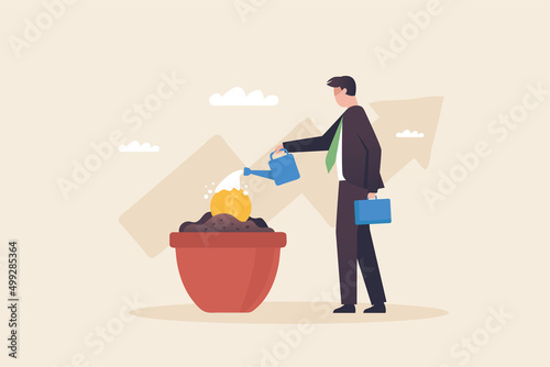 Start investing. Invest in the stock market or wait for profits. Investing in job duties. Dollar seedling being watered by businessman