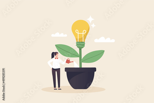 Sark new ideas that affect the business or company. create new opportunities. invent new innovation. Woman watering the light bulb tree.