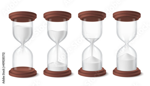 Collection realistic vintage hourglasses vector time period measurement with sprinkle sand