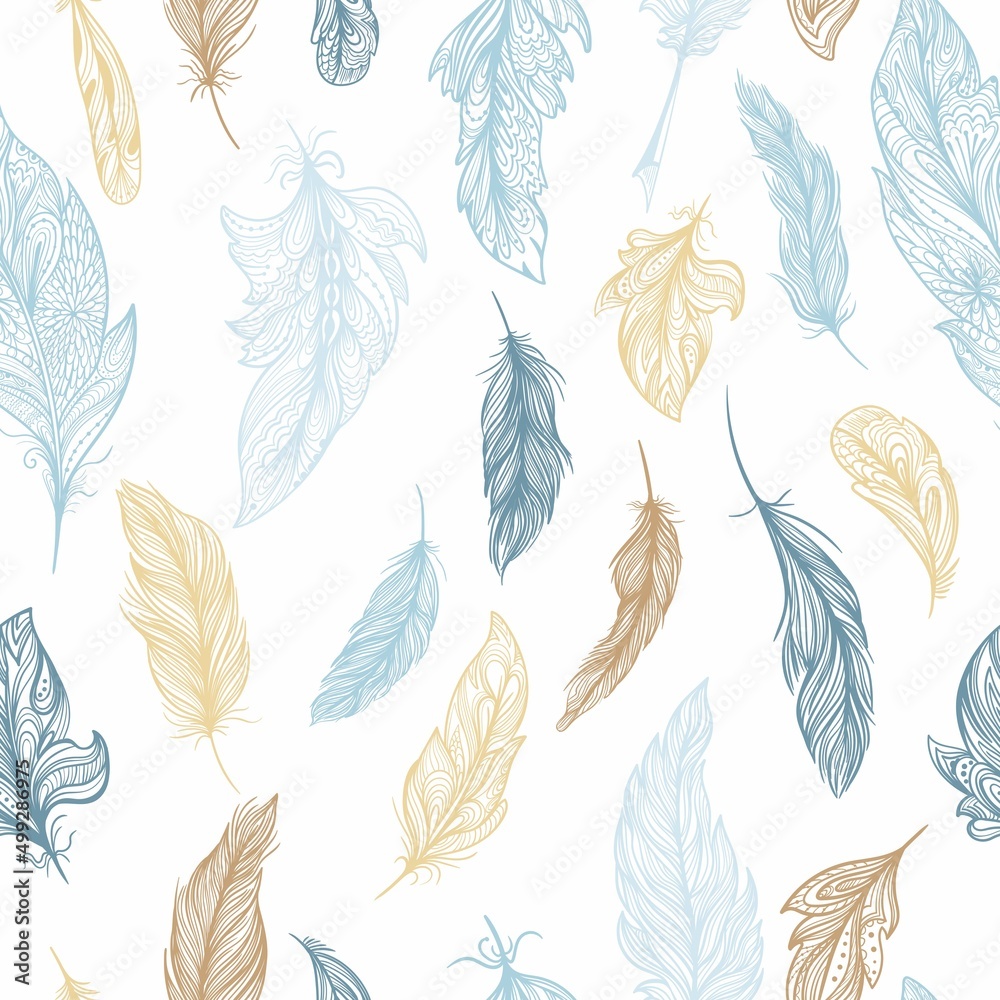 Romantic elegant sketch outline feather vector pattern