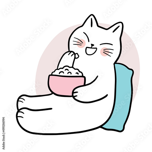 Cartoon cute cat eat popcorn vector.