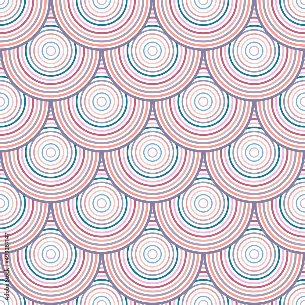 Colorful fish scale pattern, repeating circles, geometric seamless repeat vector