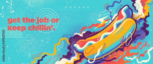Abstract background in graffiti style with hot dog and colorful splashing shapes. Vector illustration.