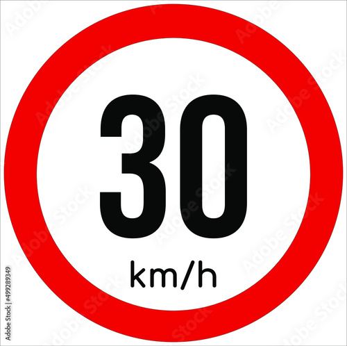 Maximum speed limit illustration 30 km per hour. Traffic sign icon isolated on a white background