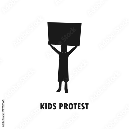 Kid holding protest sign simple black vector silhouette illustration.