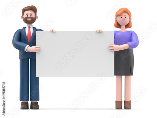 3D illustration of cartoon characters holding an empty white placard for insert a conceptconceptual image.3D rendering on white background.