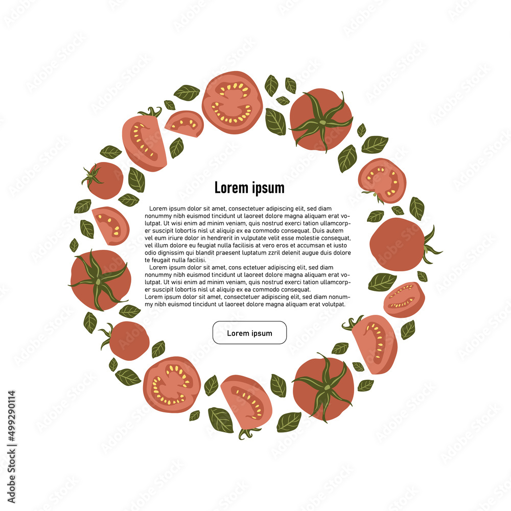 Concept with circle of hand drawn red ripe tomatoes and text place